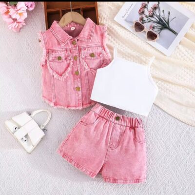 Girls pink denim short 3pc