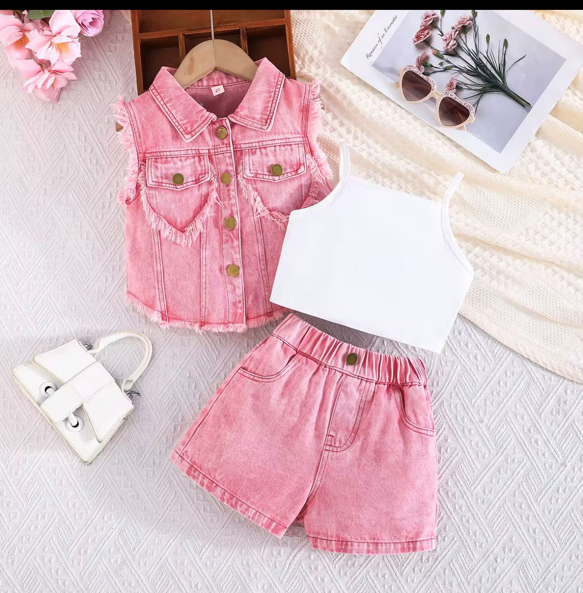 Girls pink denim short 3pc